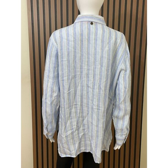 Soft Surroundings Women's PXL Blue Button-Up 100% Linen Shirt Striped Minimalist - Picture 2 of 9